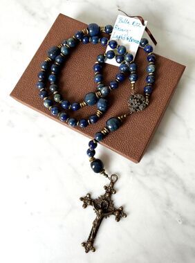 Rosary Lapis Lazuli Beads Bronze Medal and Crucifix Prayer Beads Bella Studios